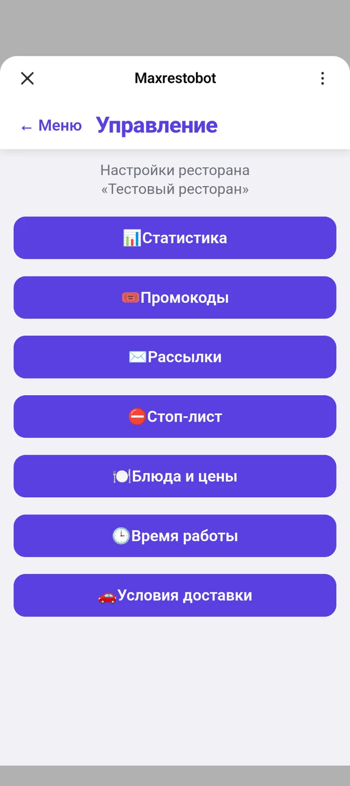 Корневой экран панели ресторана с разделами: статистика, промокоды, рассылки, стоп-лист, блюда и цены, время работы, условия доставки